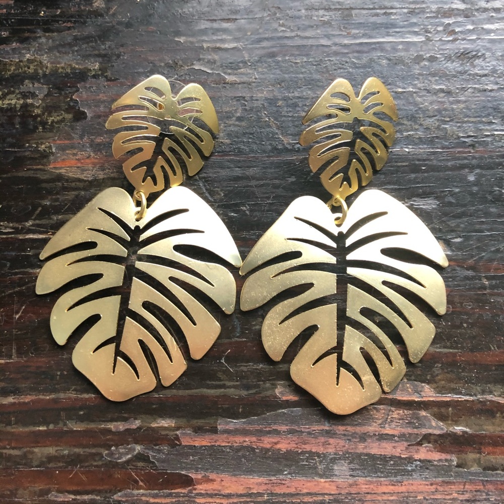Large gold palm leaf earrings